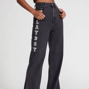 Playboy By Pacsun Boyfriend Jeans Womens 23 Black Bunny Logo Embroidered Pants